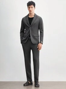 AKNOTIC Business Casual 2pcs Men's Casual Slim Fit Woven Suit Set, Including Long Sleeve Suit Jacket And Mid-Waist Slim Fit Trousers. Ideal For Daily Wear In Spring And Summer.