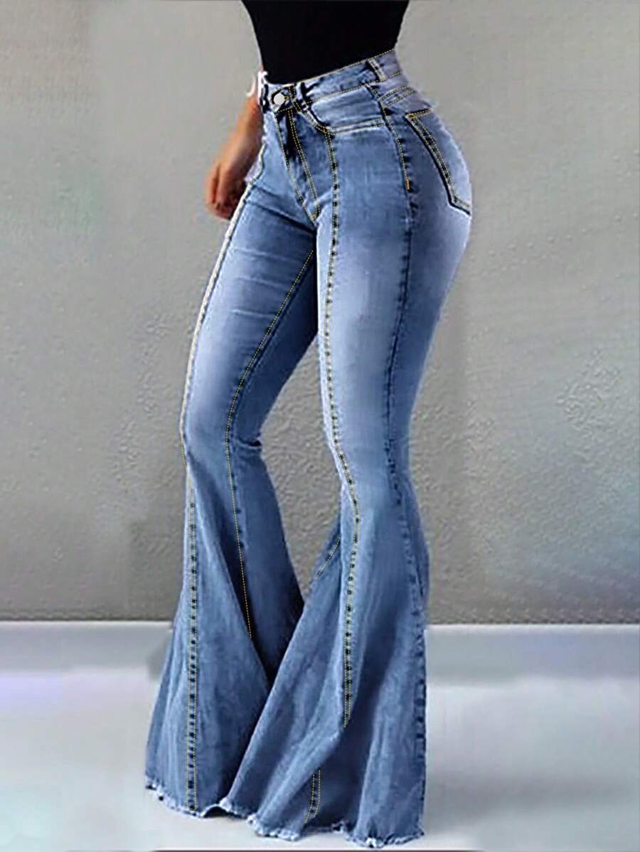 Women's Casual Washed Pocket Skinny Bell-Bottom Jeans - 淺色水洗藍 - 查看 1