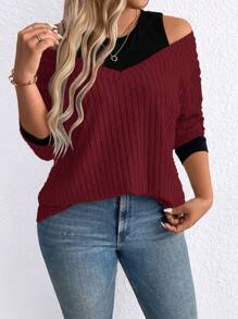 SHEIN LUNE Women's Plus Size Colorblock Open Shoulder Long Sleeve Casual T-Shirt, Spring/Summer - Burgundy - View 3