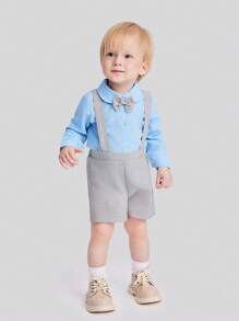 SHEIN 嬰兒男寶鈕扣前衣襯配捲邊短褲 - 藍色 - 查看 6
