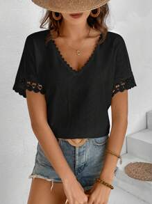SHEIN Frenchy Frenchy Women's Solid Color Hollow Out Embroidered Lace Trim White Wedding T-Shirt