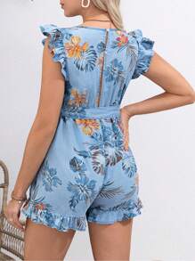 SHEIN Maternity Denim Effect Jumpsuit Casual Loose V-Neck Ruffles With Belt - Multicolor - View 2