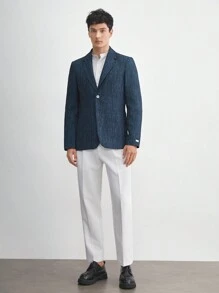 AKNOTIC Business Casual 易护理亚麻男士梭织牛仔效果修身缺口翻领长袖西装外套，适合春秋季节、办公室穿着和秋冬穿着 - 藏蓝色 - 查看 3