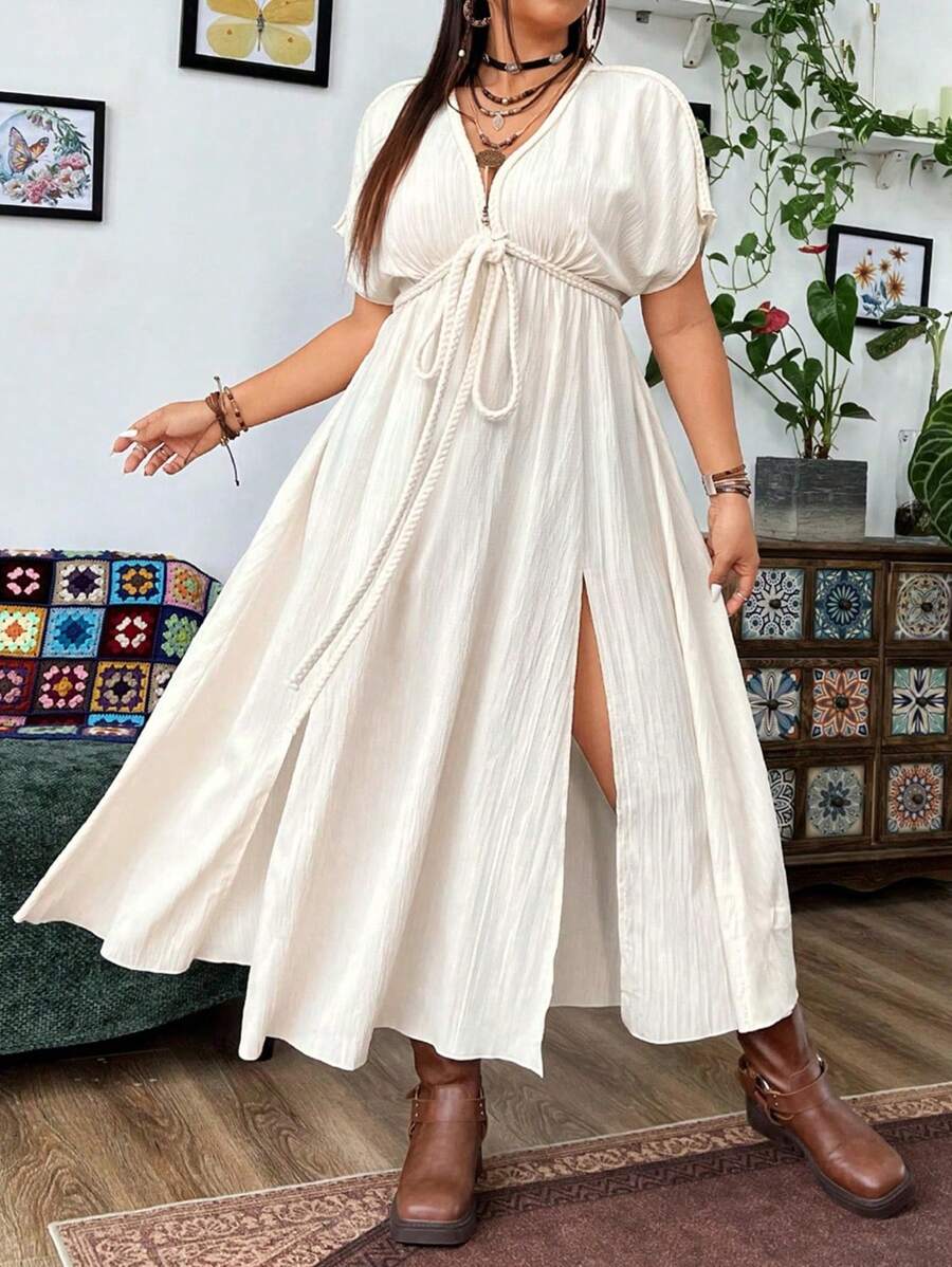 Flirla 大尺碼女士V領扭結繩側開衩長款休閒連衣裙 - 杏色 - 查看 1