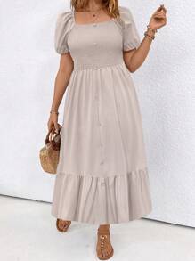 SHEIN LUNE 大尺碼純色泡泡袖假日休閒裙 - 杏色 - 查看 3