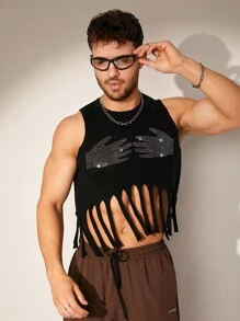 Manfinity Fever City Chaleco sin mangas de punto con flecos de moda para hombre