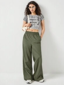 EURMUSE Parachute Fabric Wide Leg Pant - Olive Green - View 4