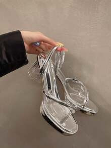 Women's Silver Round-Toe Open-Toe Big Size Sandals With Clear Straps And Slip-On High Heels - Silver - View 3
