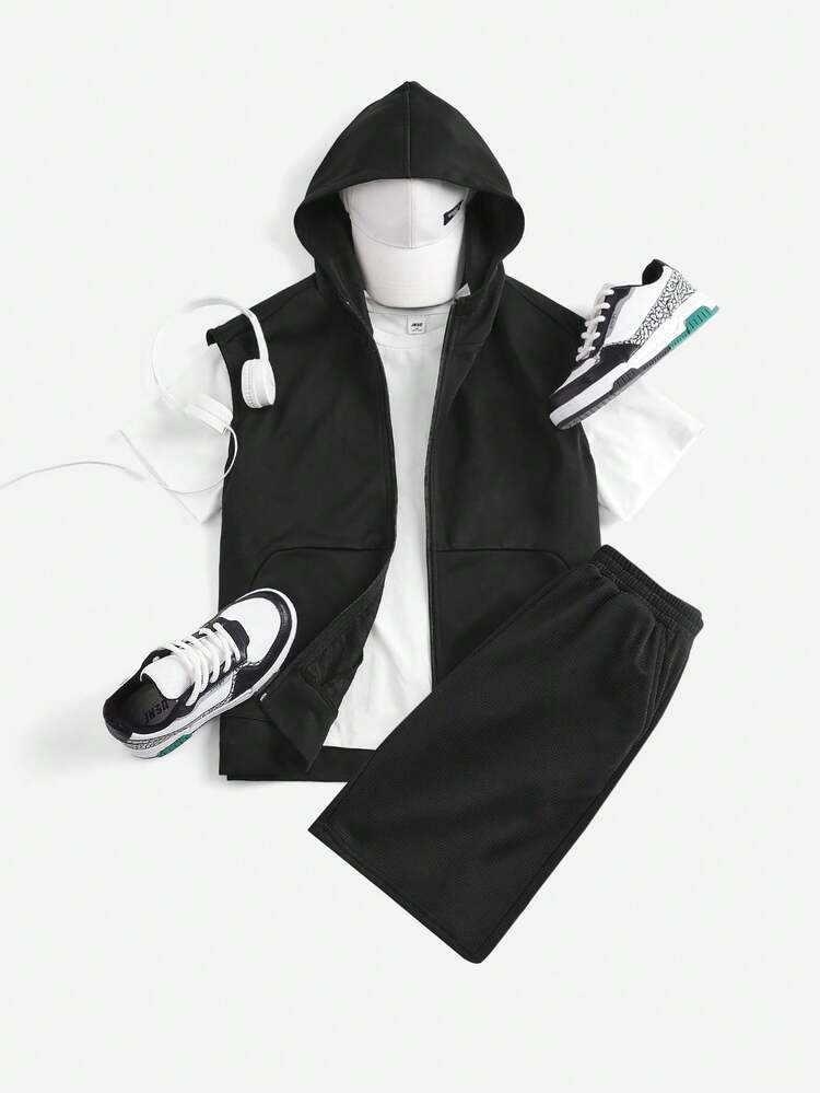 Tween Boy Knitted Hooded Cardigan With Letter Print Design, T-Shirt And Shorts 3-Piece Set