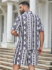 Manfinity Homme Men's Plus Size Geometric Print Short Sleeve Shirt And Shorts Set For Vacations & Leisure