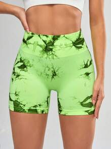 Core Rhythm Pantalones cortos deportivos sin costura con estampado tie-dye y alta elasticidad para verano - Verde - Ver 2
