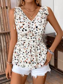 SHEIN LUNE Women's Leisure Vacation Floral Printed Waist Pleated Drawstring Design Tank Top
