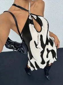 SHEIN ICON Trang phục lễ hội thời trang Y2k dành cho nữ 
Đi chơi dự tiệc mùa hè Váy ngắn dây màu đen trắng in hình gợi cảm - Đen và trắng - Xem 1