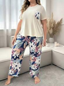 Flower Printed Short Sleeve Top And Long Pants Plus Size Pajama Set, Outfits - Multicolor - View 3