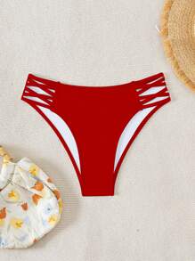 SHEIN Swim 2025 女式纯色镂空侧边性感比基尼泳裤 夏季 - 紅色 - 查看 3