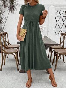 SHEIN LUNE Women's Summer Solid Color Short Sleeve Round Neck Tie Waist Casual Long Dress