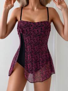 Women's Summer Beach Printed Patchwork Split One Piece Swimsuit - Multicolor - View 3