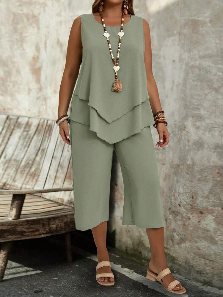 Plus Size Women's Simple Green Sleeveless Top And 3/4 Pants 2pcs Set,Spring/Summer/Vacation