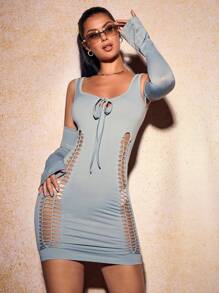 SHEIN SXY 秋季服装华丽优雅镂空系带前身紧身连衣裙，带袖 - 灰色 - 查看 6