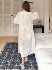 DAZY Váy dài tay có cổ có dây buộc Gingham - Màu be - Xem 2