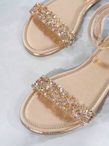 Giày sandal đế bằng màu sâm panh đính đá lấp lánh, kiểu dáng thanh lịch, thường ngày dành cho nữ, phù hợp với trang phục mùa xuân hè. - Rượu sâm banh - Xem 6