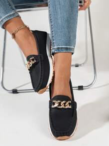 Mocasines negros de patrón de piel de Litchi para mujeres con decoración de cadena de diamantes, zapatos planos sin tacón para exteriores y comodidad, estilo versátil para la primavera/verano
