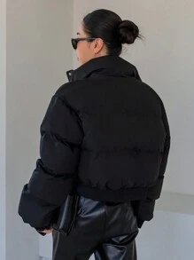 DAZY Áo khoác nữ cổ đứng màu trơn, đệm ngắn, áo khoác mùa đông - màu đen - Xem 2