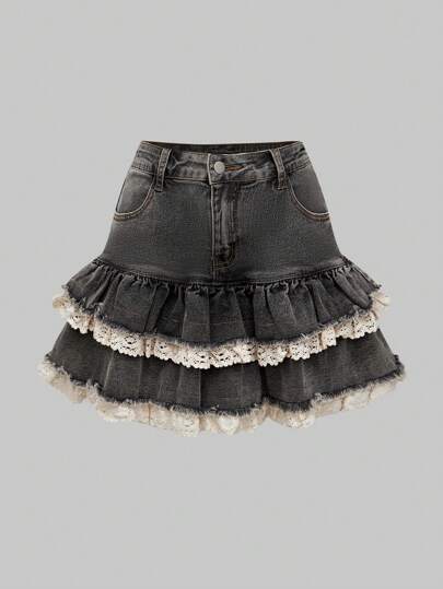 Kawaii Gonna in Jeans a Campana per Signora, con Bottoni Frontali, Dopie Tasche Laterali, Orlo Arricciato e Cuciture Grezze, Adatto per la Scuola