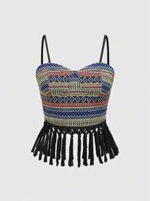 ROMWE Hippie Women's Bohemian Style Geometric Printed Fringed Camisole