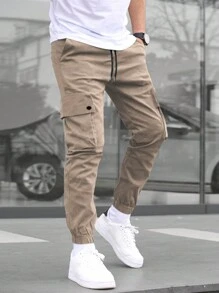 Manfinity Homme Men's Casual Solid Color Drawstring Waist & Elastic Cuff Cargo Pants