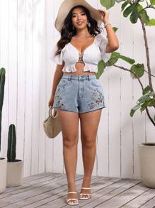 SHEIN VCAY 大碼夏季假期花卉刺繡牛仔短褲，適用於休閒場合 - 藍色 - 查看 5
