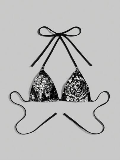 Grunge Punk Parte superior corta y sexy para mujer con patrón floral cruzado, cuello halter, camisetas gráficas para escuela para mujeres