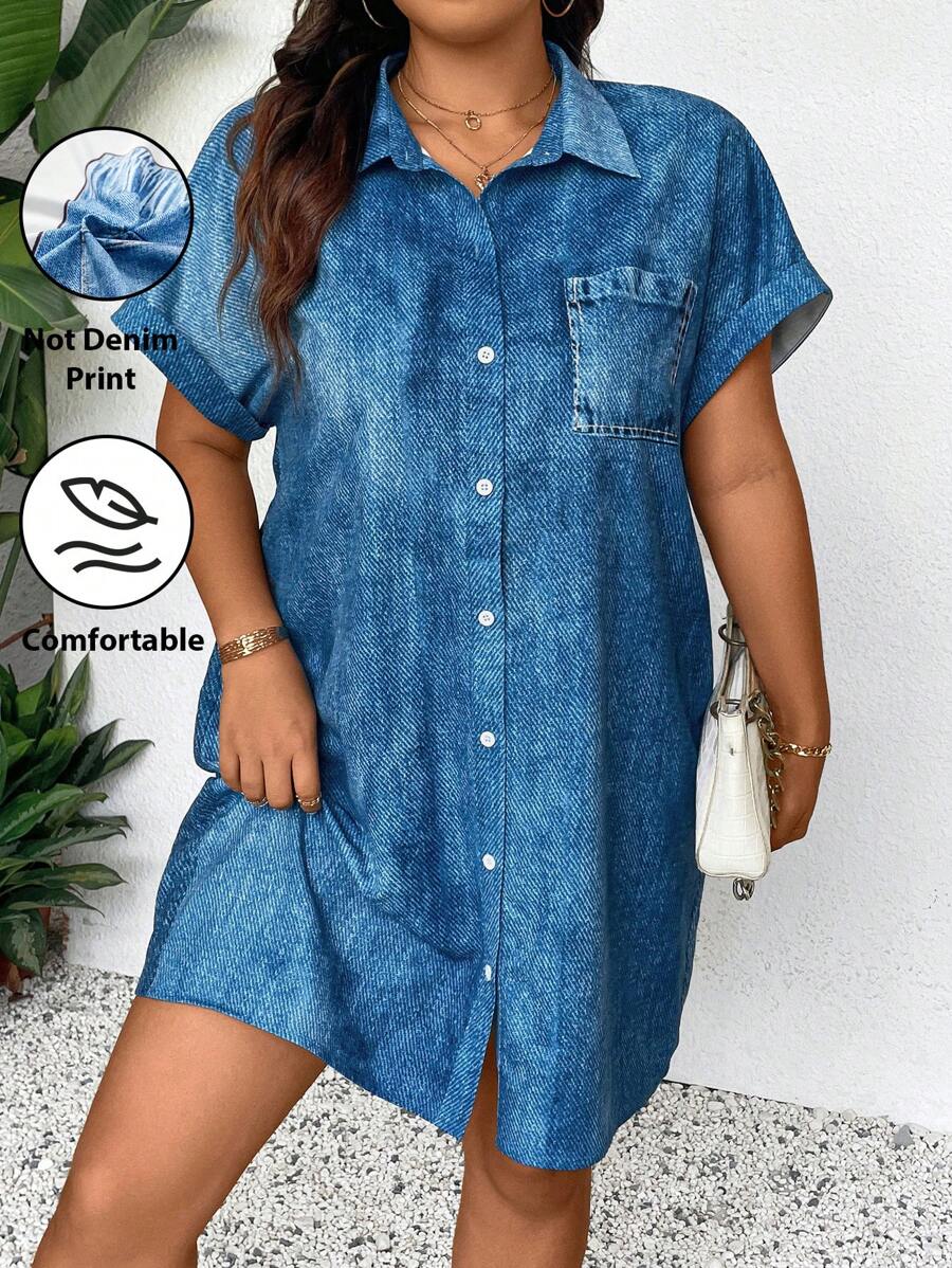SHEIN Frenchy 大码休闲牛仔效果印花衬衫领连衣裙 - 藍色 - 查看 1
