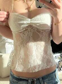 INAWLY 簡約蕾絲覆蓋短款無肩帶上衣 - 白色 - 查看 1