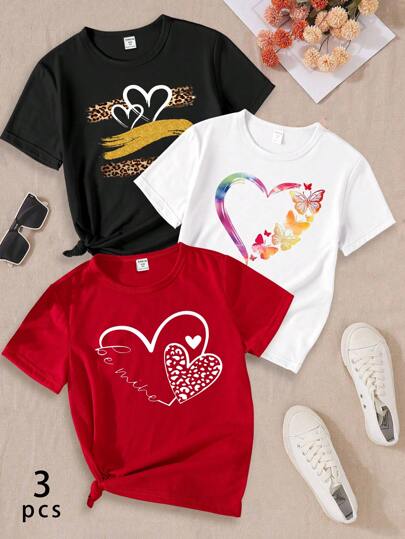 SHEIN Sparklyn 3pcs/Set Tween Girl Casual Leopard Print Colorful Heart Pattern Short Sleeve T-Shirt, Summer, School, Campus, College