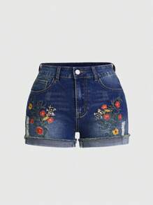 Breezaya Quần short denim thêu đơn giản hàng ngày dành cho nữ có kích thước lớn - Màu xanh lam - Xem 1