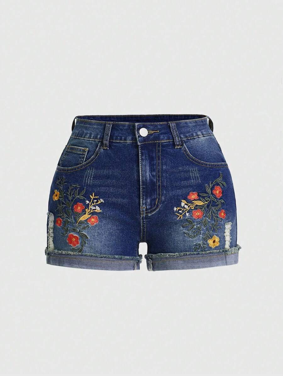 Breezaya Quần short denim thêu đơn giản hàng ngày dành cho nữ có kích thước lớn - Màu xanh lam - Xem 1