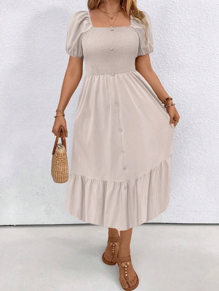 SHEIN LUNE 大尺碼純色泡泡袖假日休閒裙 - 杏色 - 查看 1