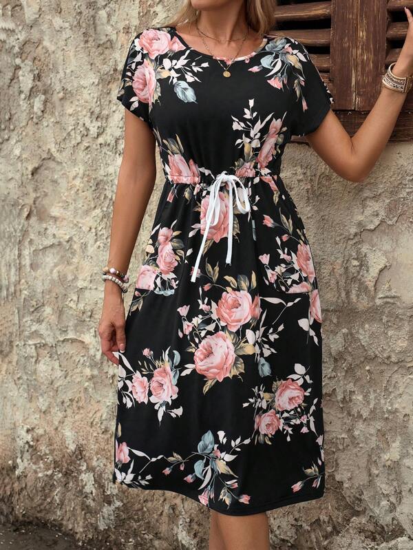 EMERY ROSE Women's Summer Floral Print Gathered Waist Dress