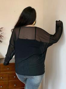 Dazy Plus 加大码宽松纯色长袖上衣，大圆领，透视细节，外出上衣，返校服装，秋季女装 - 黑色 - 查看 2