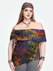 ROMWE Hippie Vintage Tie Dye Tie-Dye Hem bất đối xứng cộng với kích thước áo thun lệch vai có cắt tua rua - Nhiều màu - Xem 6