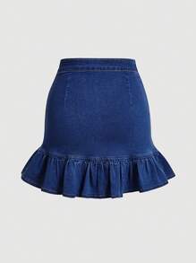 SHEIN MOD Ruched Ruffle Hem Denim Skirt
