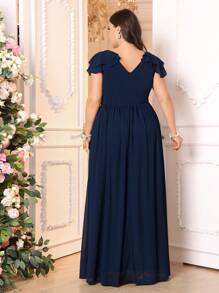 SHEIN Belle Vestido de mujer elegante de gasa azul marino para bodas, con cuello en V, volantes de dos capas, dobladillo asimétrico y diseño de cintura fruncida en línea A, dobladillo asimétrico, apto para eventos de boda, talla grande para dama de honor - Azul Marino - Ver 4