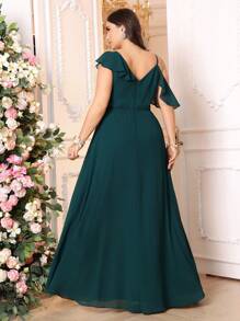 SHEIN Belle Vestido assimétrico verde escuro com babados e decote em V com sutiã embutido, vestido formal simples para dama de honra - Verde Escuro - Visão 6