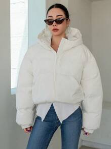 Áo khoác ngắn có mũ trùm đầu màu trơn ấm áp dành cho nữ, áo khoác mùa đông - trắng - Xem 8