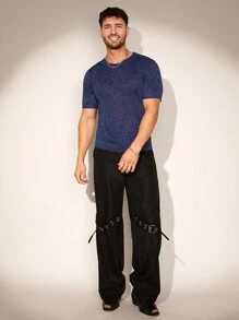 Manfinity Homme Men's Casual Sparkle Short Sleeve Knitted Top For Summer - Royal Blue - View 4