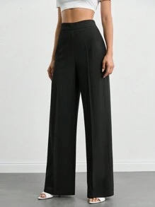 EURMUSE Pantaloni casual a vita alta a gamba ampia di colore unito, lunghezza intera, taglia petite per donna - nero - Visualizzare 3