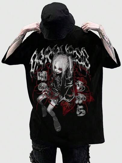 Anime Men's Summer Cartoon Characters Letter Printed Round Neck Short Sleeve Casual T-Shirt, School