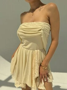 Aloruh Robe courte romantique et ajustée dos nu de couleur abricot avec ourlet en forme de parapluie pour des rendez-vous au printemps et en été pour femmes