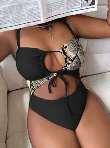 SHEIN Plus Size Color Block One-Piece Swimsuit With Fashionable Lace-Up Design, Ideal For Vacation Summer - Multicolor - View 1